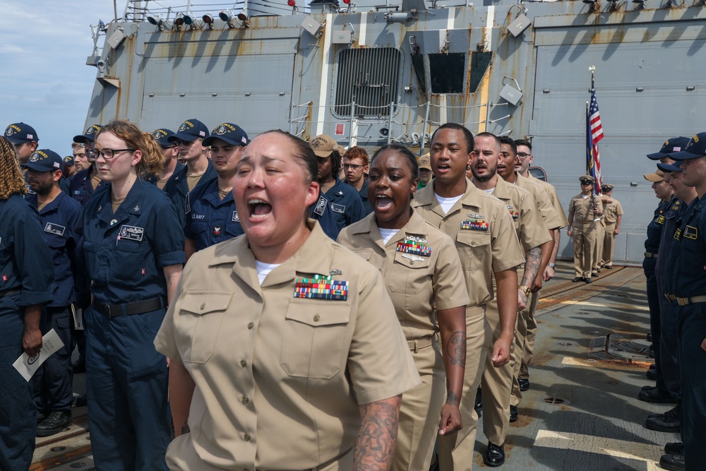 Sailors aboard the USS Howard conduct a Chief Petty Officer Pinning Ceremony in the South China Sea