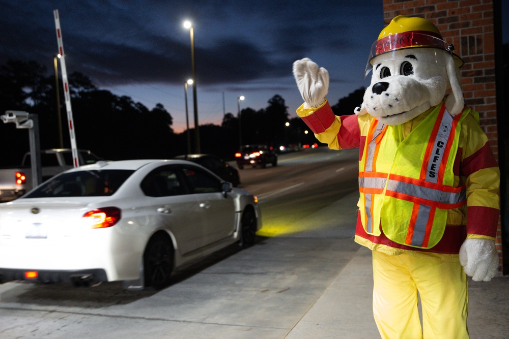 Sparky visits Marine Corps Air Station New River during Fire Prevention Month