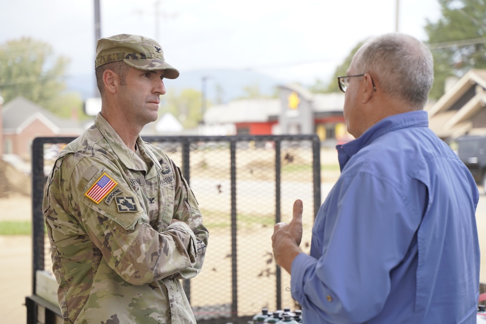 USACE Wilmington’s own Scott Jones is carrying supplies to the Sandy Mush community just northwest of Asheville. USACE Wilmington commander Col. Brad Morgan met with Scott during his trek, to thank him for his efforts.