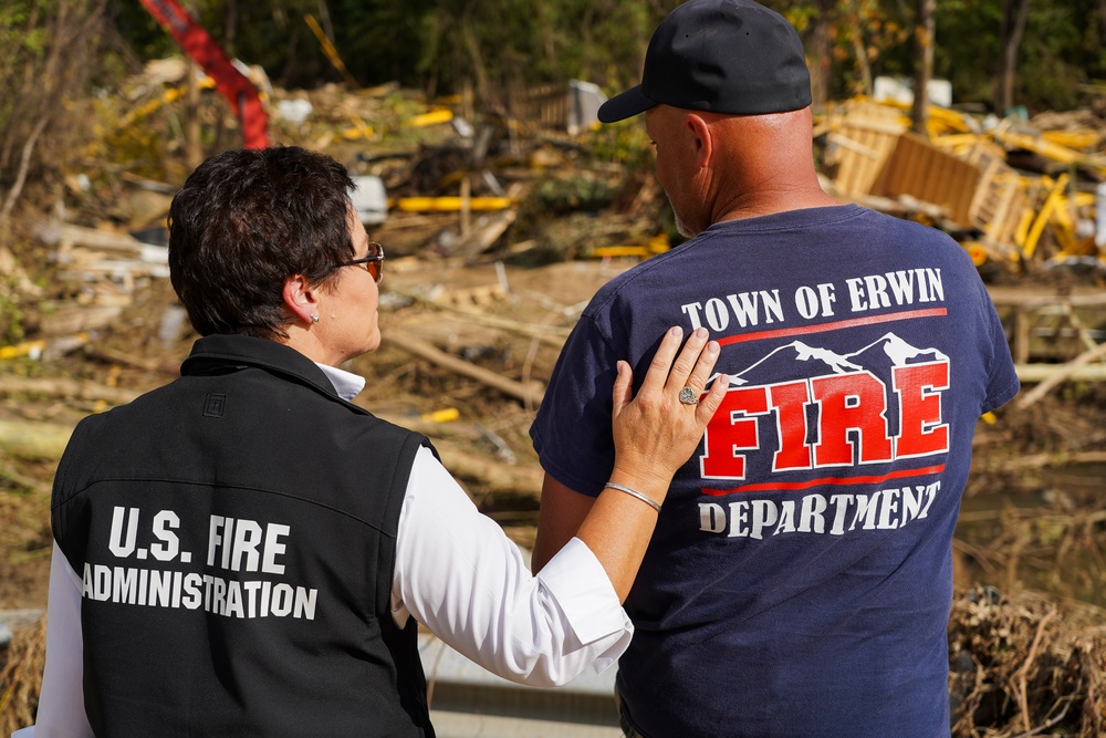 U.S. Fire Administrator Dr. Lori Moore-Merrell Discusses Hurricane Helene Aftermath with Local Firefighter