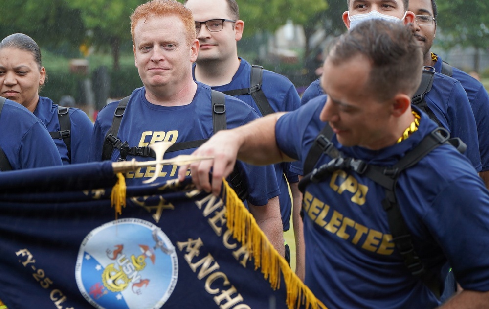 Dam Neck Annex CPO Selects compete in cadence and guidon competition in the pouring rain