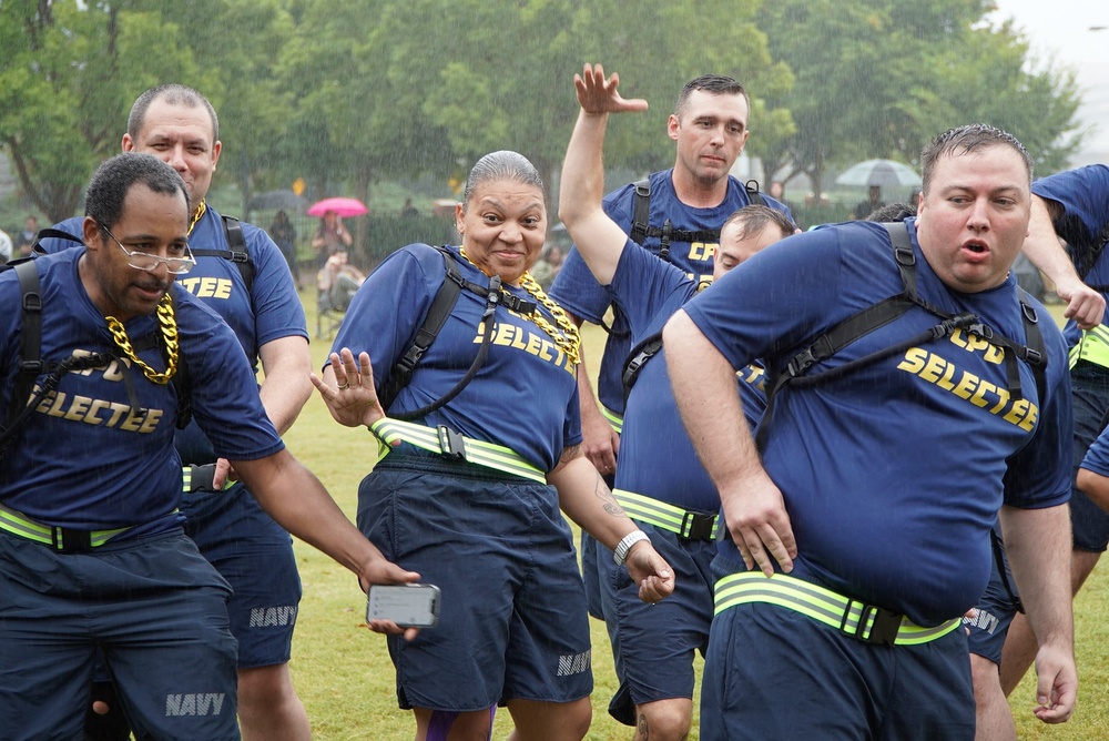 Dam Neck Annex CPO Selects compete in cadence and guidon competition in the pouring rain