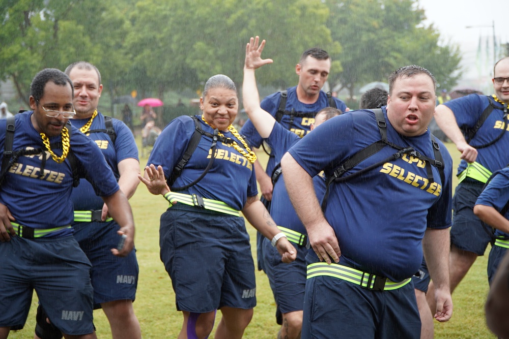 Dam Neck Annex CPO Selects compete in cadence and guidon competition in the pouring rain
