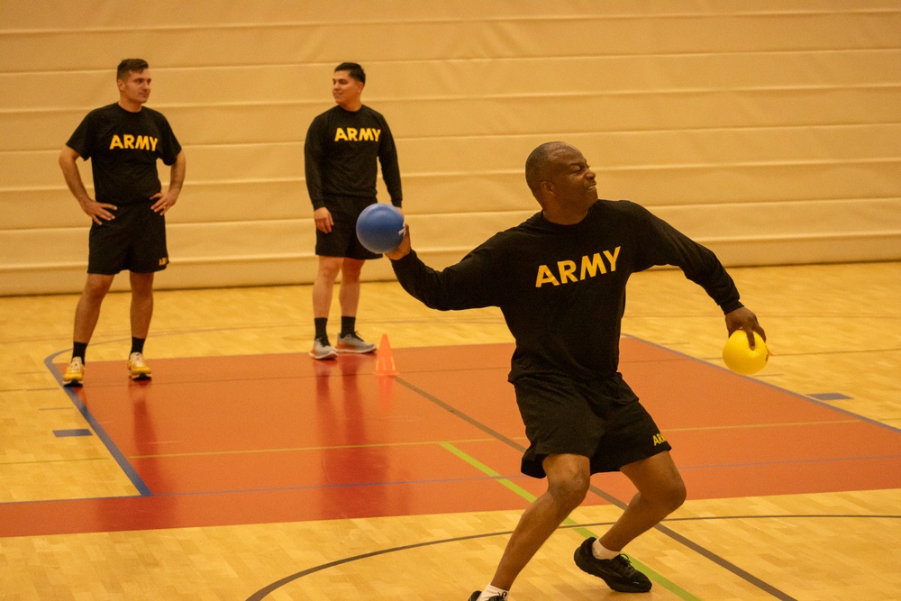 52nd ADA BDE Command Team plays dodgeball with 5-7 ADA Leadership