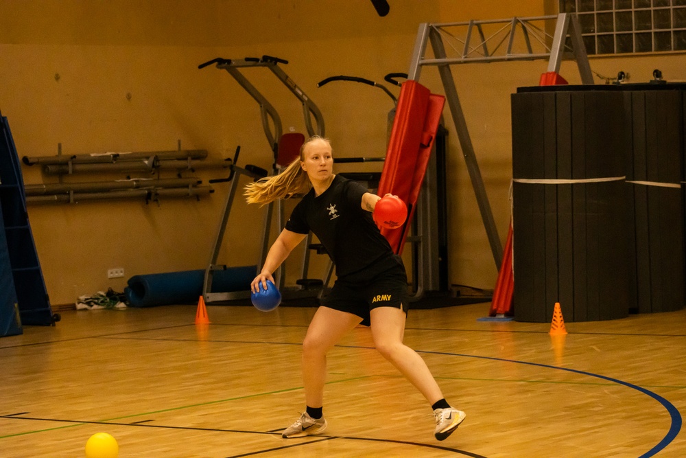 52nd ADA BDE Command Team plays dodgeball with 5-7 ADA Leadership