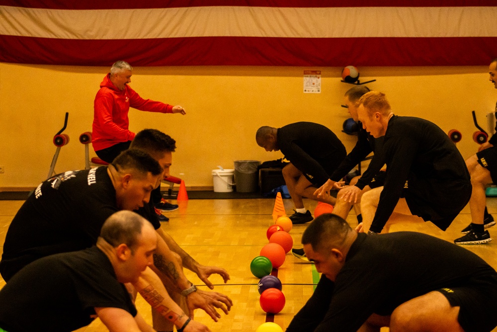 52nd ADA BDE Command Team plays dodgeball with 5-7 ADA Leadership