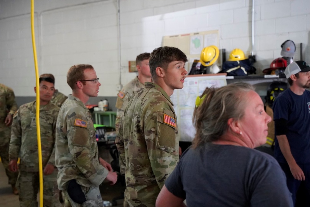 Active duty soldiers from the 82nd Airborne and the 20th Engineer Brigade from Fort Liberty, North Carolina, transported three 5-ton MTVs worth of food and water to the French Broad Fire and Rescue station.