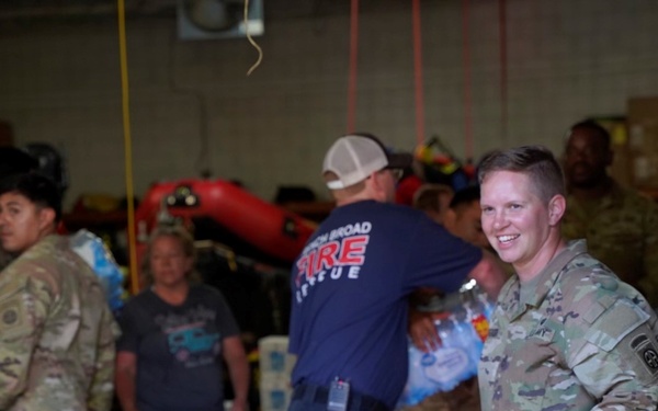 Active duty soldiers from the 82nd Airborne and the 20th Engineer Brigade from Fort Liberty, North Carolina, transported three 5-ton MTVs worth of food and water to the French Broad Fire and Rescue station.