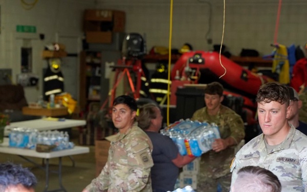 Active duty soldiers from the 82nd Airborne and the 20th Engineer Brigade from Fort Liberty, North Carolina, transported three 5-ton MTVs worth of food and water to the French Broad Fire and Rescue station.