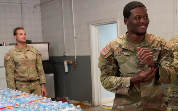 Active duty soldiers from the 82nd Airborne and the 20th Engineer Brigade from Fort Liberty, North Carolina, transported three 5-ton MTVs worth of food and water to the French Broad Fire and Rescue station.