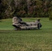 A U.S. Army CH-47 “Chinook” helicopter and its crew prepare to take-off from a campsite in response to Hurricane Helene