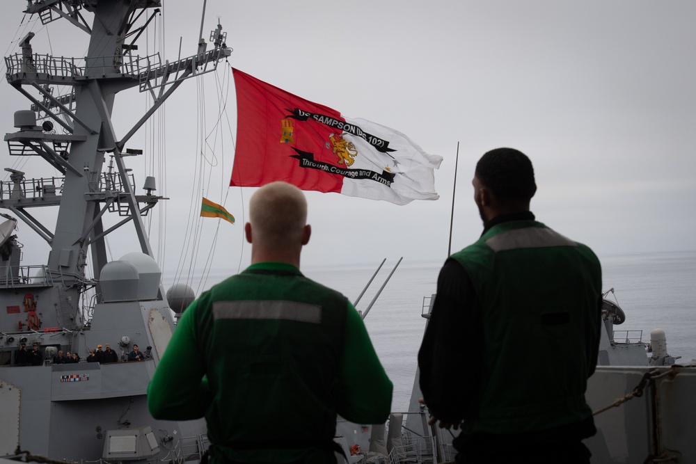 USS Sampson Steams Alongside Nimitz