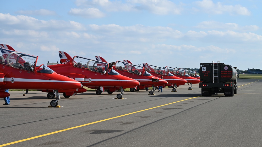 RAF Red Arrows perform over RAF Mildenhall for Airmen, community