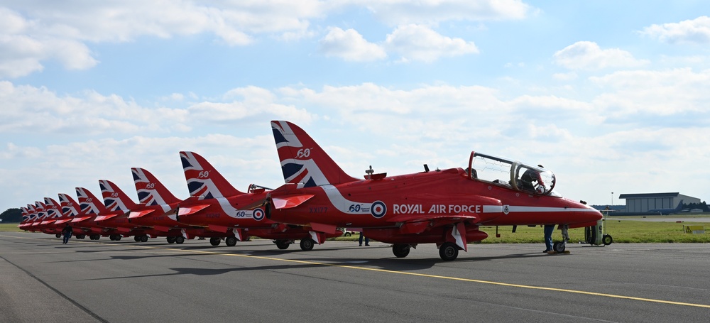 RAF Red Arrows perform over RAF Mildenhall for Airmen, community