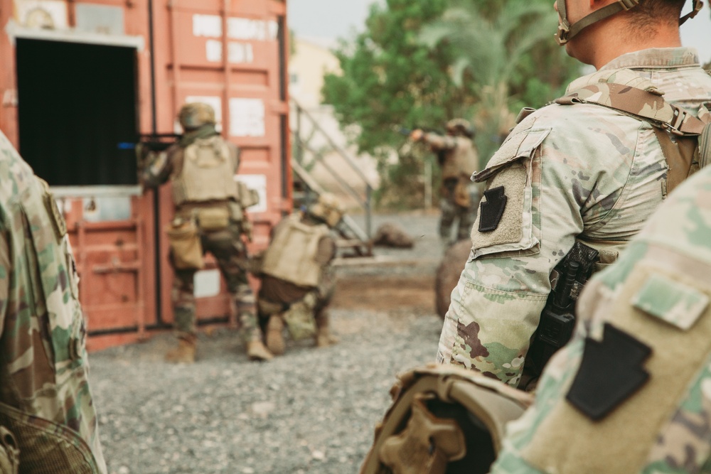 French and U.S. forces conduct close quarter combat training.
