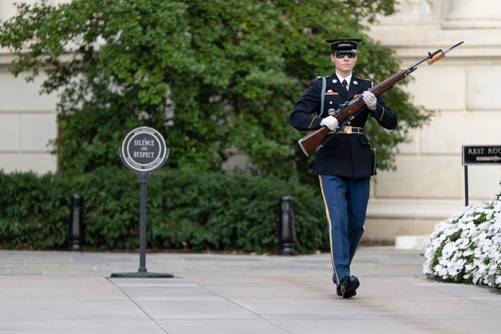 Sentinel U.S. Army Spc. Jessica Kwiatkowski Conducts Her Last Walk at the Tomb of the Unknown Soldier