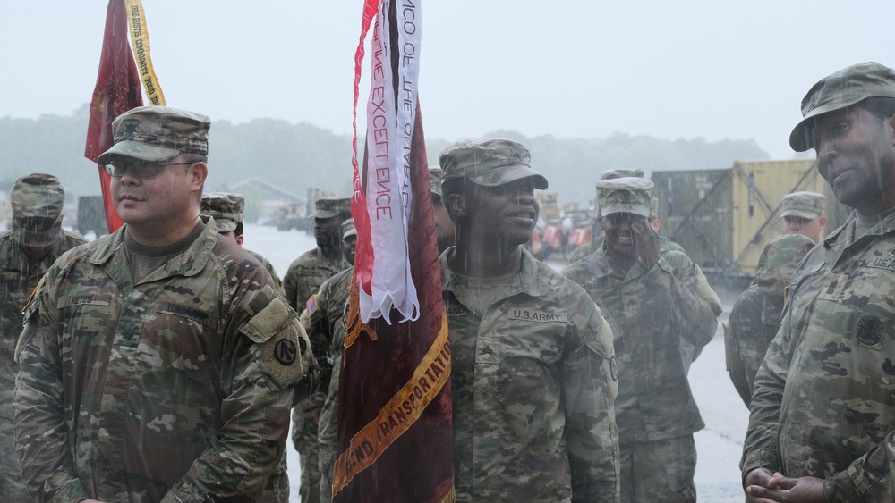 Rain falls on formation during Streamer Ceremony