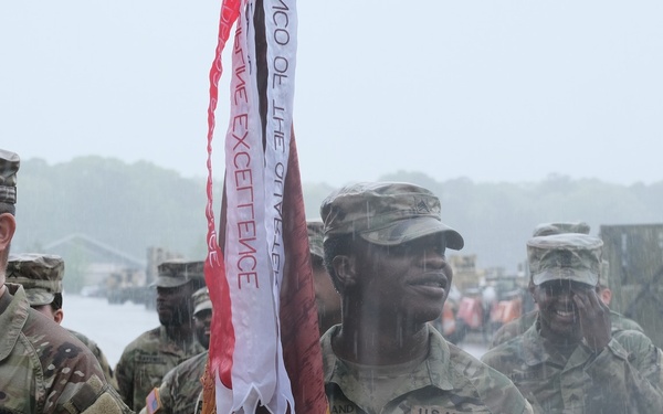 Rain falls on formation during Streamer Ceremony