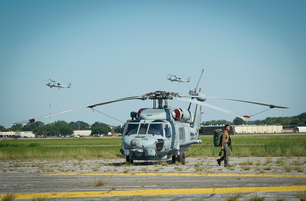 Navy helicopters and support personnel relocate to Maxwell AFB in preparation for Hurricane Milton