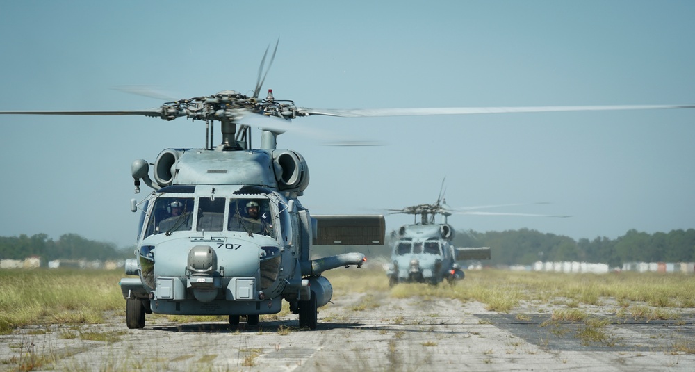 Navy helicopters and support personnel relocate to Maxwell AFB in preparation for Hurricane Milton