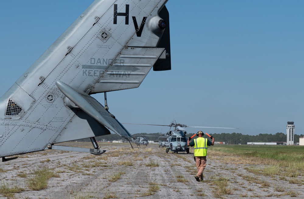 Navy helicopters and support personnel relocate to Maxwell AFB in preparation for Hurricane Milton