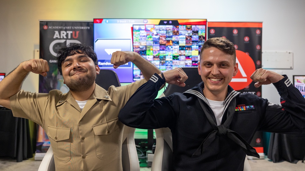 U.S. Armed Service members participate in a San Francisco Fleet Week esports challenge