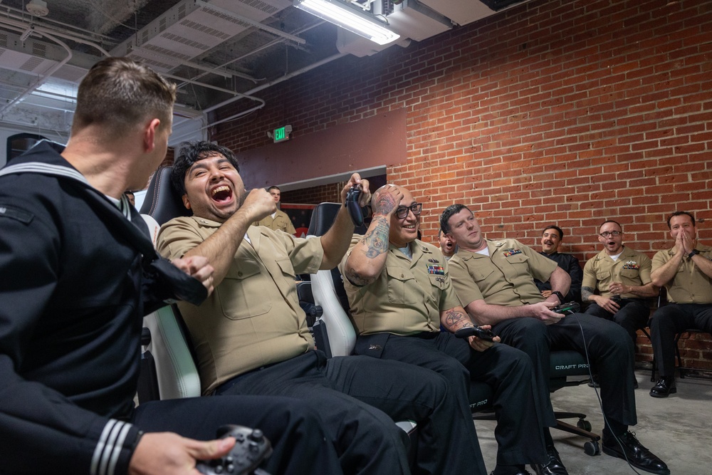 U.S. Armed Service members participate in a San Francisco Fleet Week esports challenge