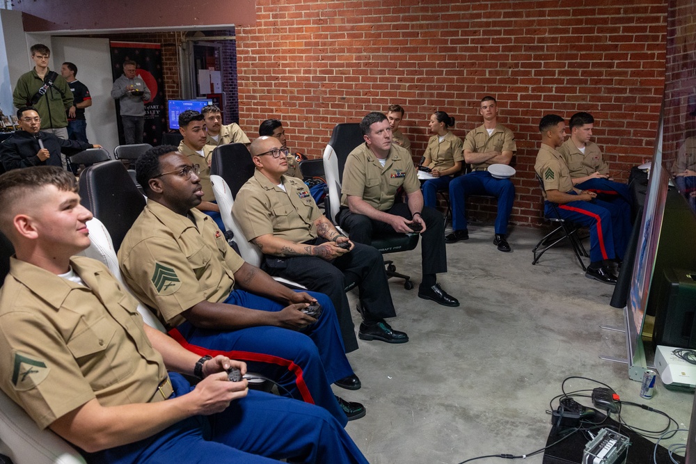 U.S. Armed Service members participate in a San Francisco Fleet Week esports challenge