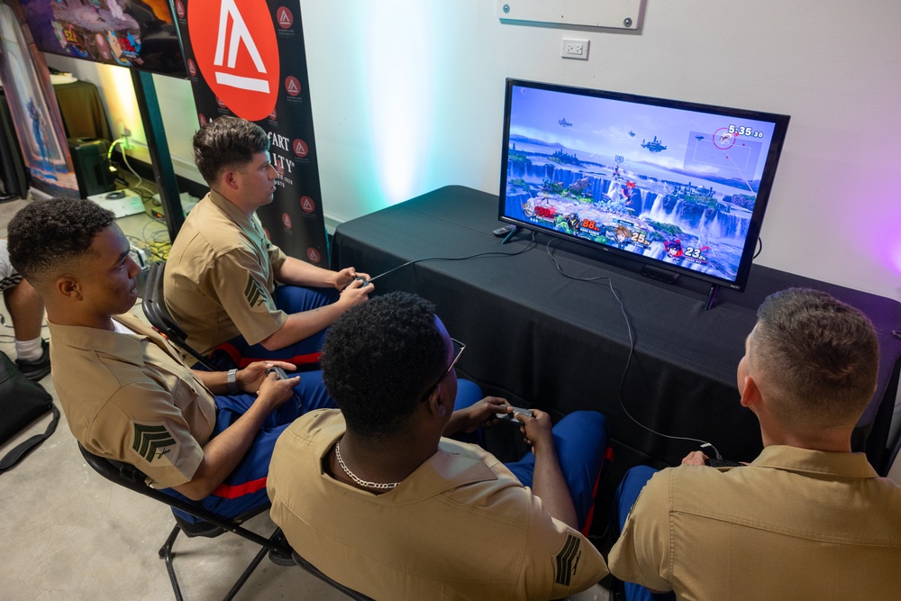 U.S. Armed Service members participate in a San Francisco Fleet Week esports challenge