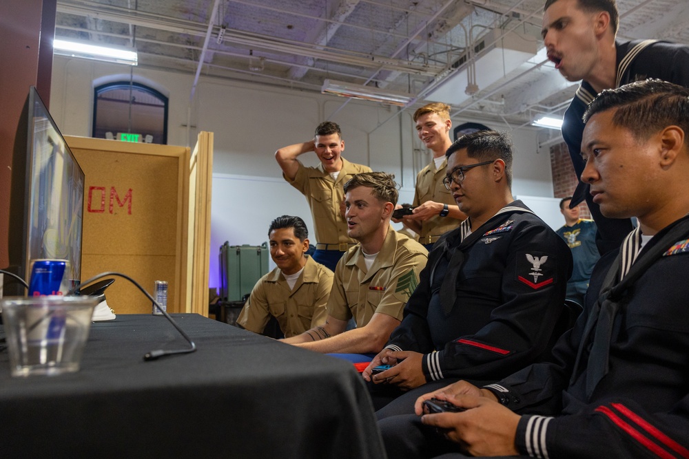 U.S. Armed Service members participate in a San Francisco Fleet Week esports challenge