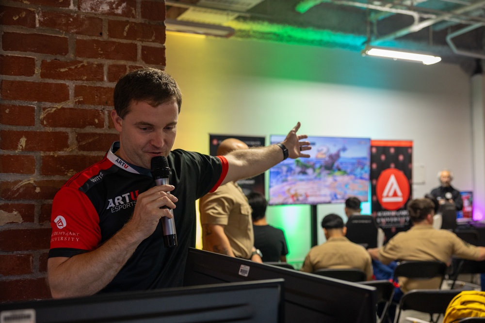 U.S. Armed Service members participate in a San Francisco Fleet Week esports challenge