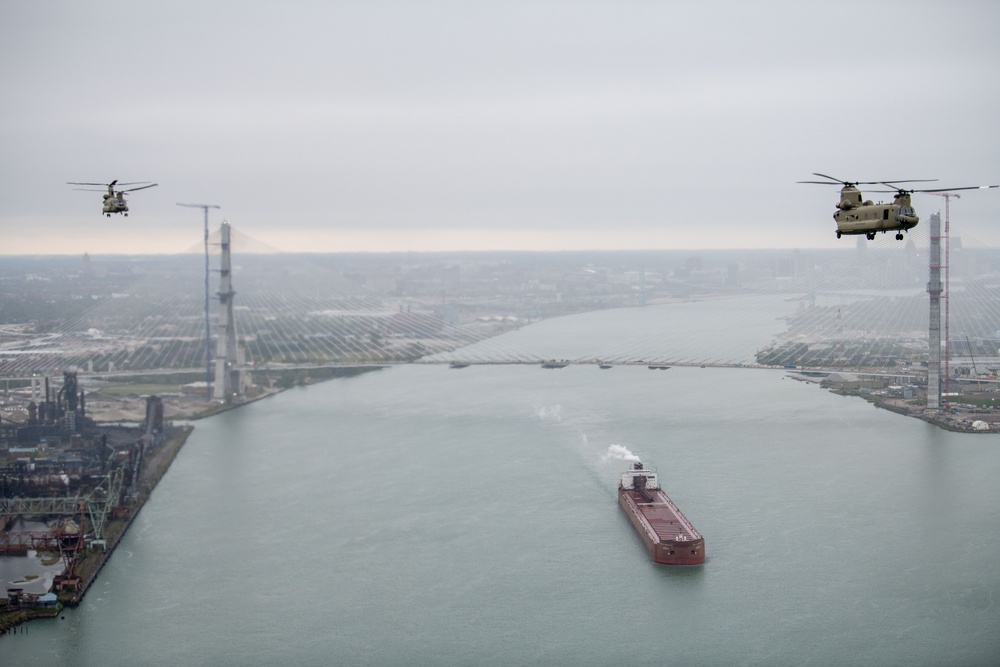 3-238th Aviation Regiment, maneuver past The Gordie Howe International Bridge  Detroit