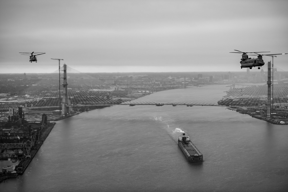 Michigan National Guard Maneuver CH47 Chinook past The Gordie Howe International Bridge , Detroit