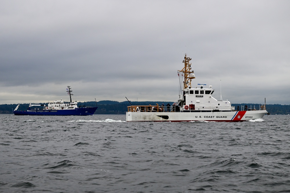 Coast Guard Cutter Adelie escorts Uruguay Naval Ship ROU Oyarvide through Puget Sound