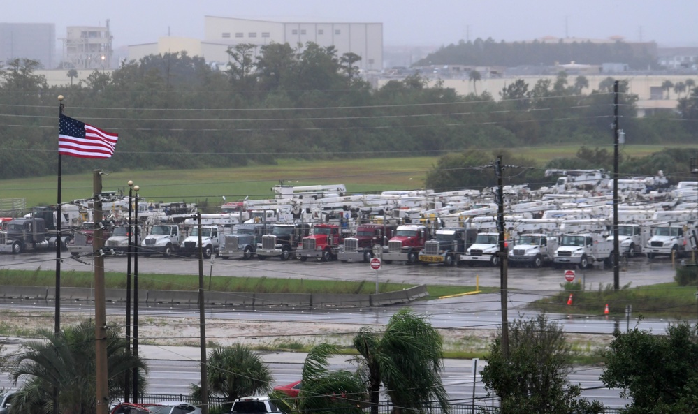 Power Restoration Trucks Prestage for Hurricane Milton Response