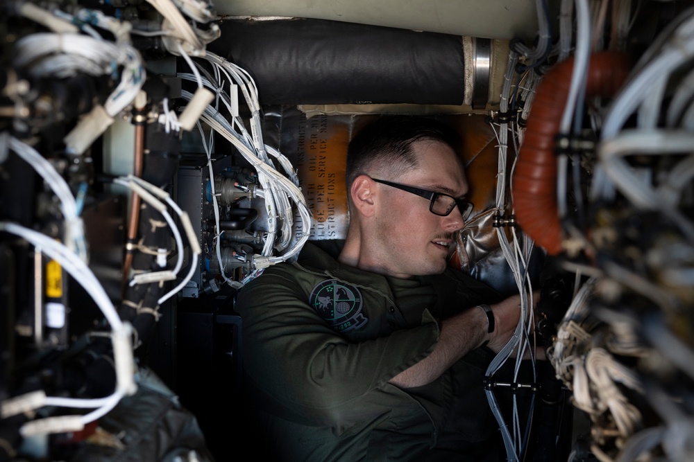 U.S. Marines with Marine Aerial Refueler Transport Squadron (VMGR) 252 conduct routine maintenance