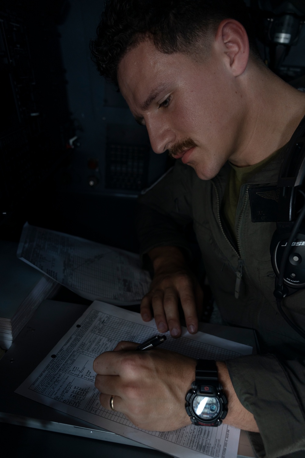 U.S. Marines with Marine Aerial Refueler Transport Squadron (VMGR) 252 conduct mission planning