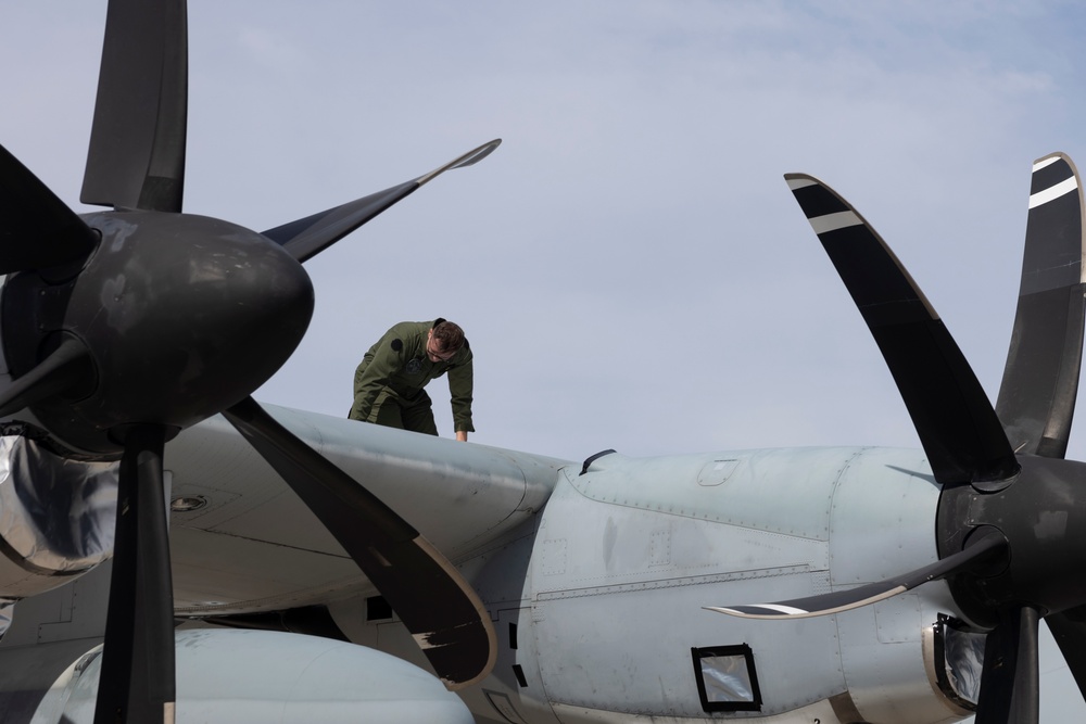 U.S. Marines with Marine Aerial Refueler Transport Squadron (VMGR) 252 conduct routine maintenance