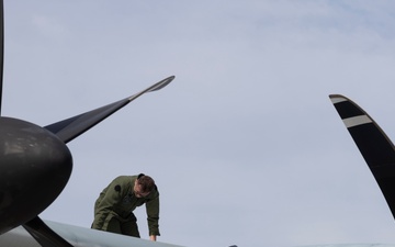 U.S. Marines with Marine Aerial Refueler Transport Squadron (VMGR) 252 conduct routine maintenance