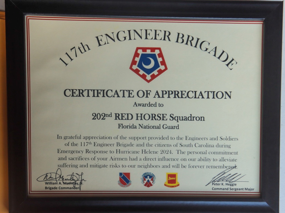 Florida National Guard Red Horse Squadron Recognized by South Carolina National Guard Deputy Adjutant General and the South Carolina National Guard 117th Engineer Brigade commander