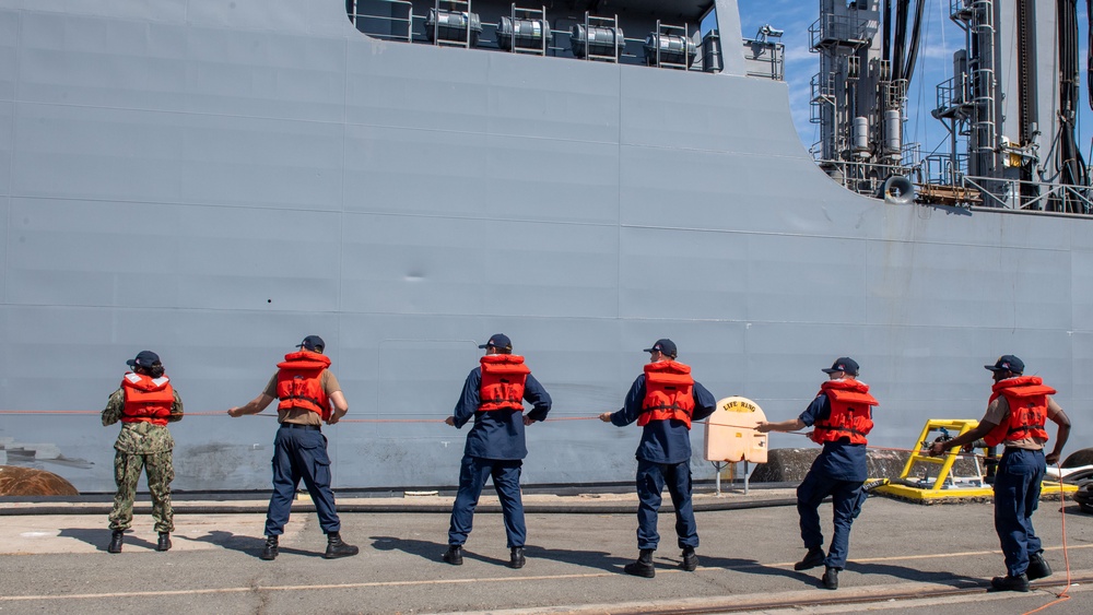 USS Ronald Reagan (CVN 76) Sailors assist in mooring Peruvian supply ship