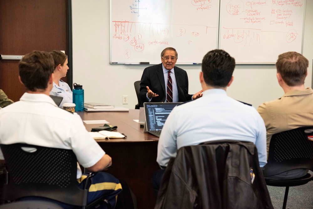 Former Secretary of Defense Leon Panetta meets with students in the Department of Defense Analysis Command and Leadership course