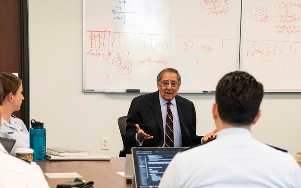 Former Secretary of Defense Leon Panetta meets with students in the Department of Defense Analysis Command and Leadership course