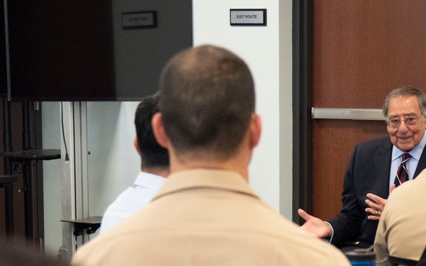 Former Secretary of Defense Leon Panetta engages with students