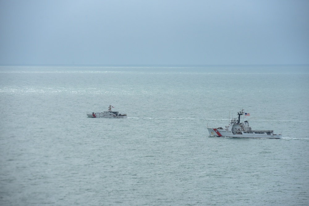 Coast Guard Air Station Miami aircrews fly over cutters in Tampa Bay after Hurricane Milton