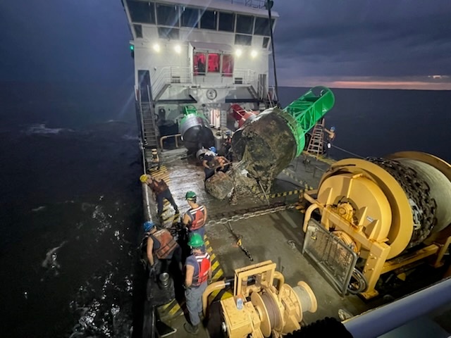 U.S. Coast Guard Cutter Joshua Appleby (WLM 556) personnel work buoys in Tampa Bay after Hurricane Milton