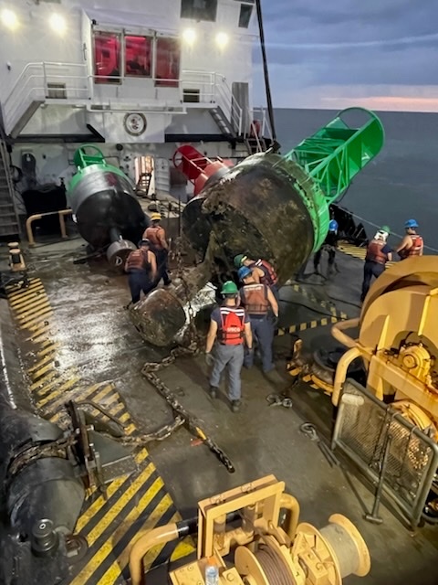 U.S. Coast Guard Cutter Joshua Appleby (WLM 556) personnel work buoys in Tampa Bay after Hurricane Milton