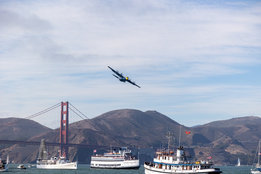 U.S. Navy Flight Demonstration Squadron, the Blue Angels, perform aerobatic formation maneuvers over San Francisco