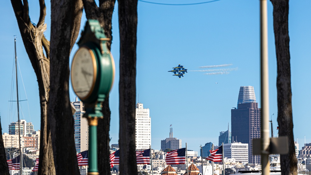 U.S. Navy Flight Demonstration Squadron, the Blue Angels, perform aerobatic formation maneuvers over San Francisco