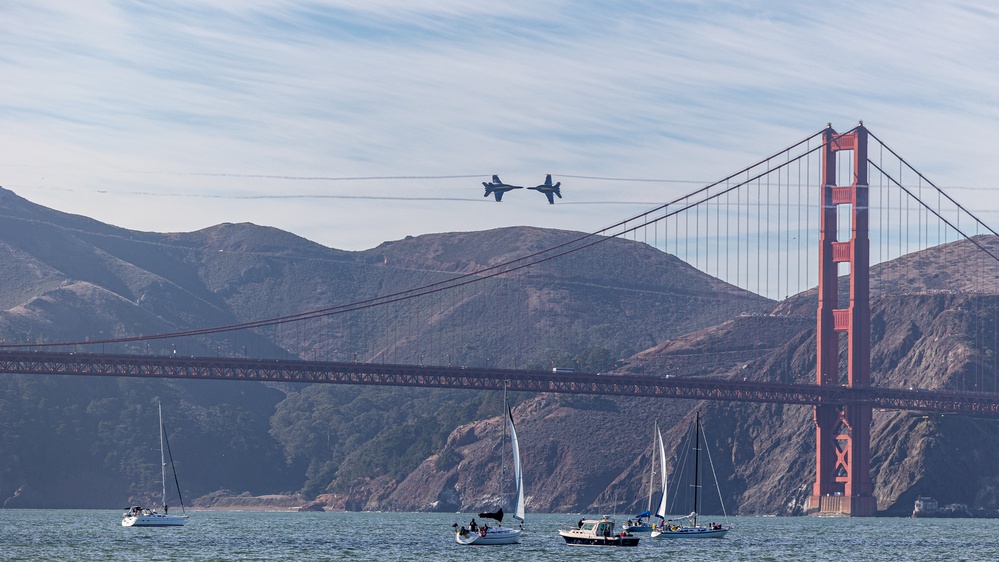 U.S. Navy Flight Demonstration Squadron, the Blue Angels, perform aerobatic formation maneuvers over San Francisco